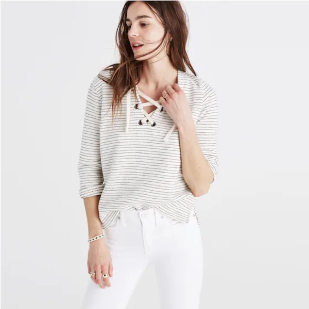 Madewell Striped Lace-Up Blouse - White and Gray